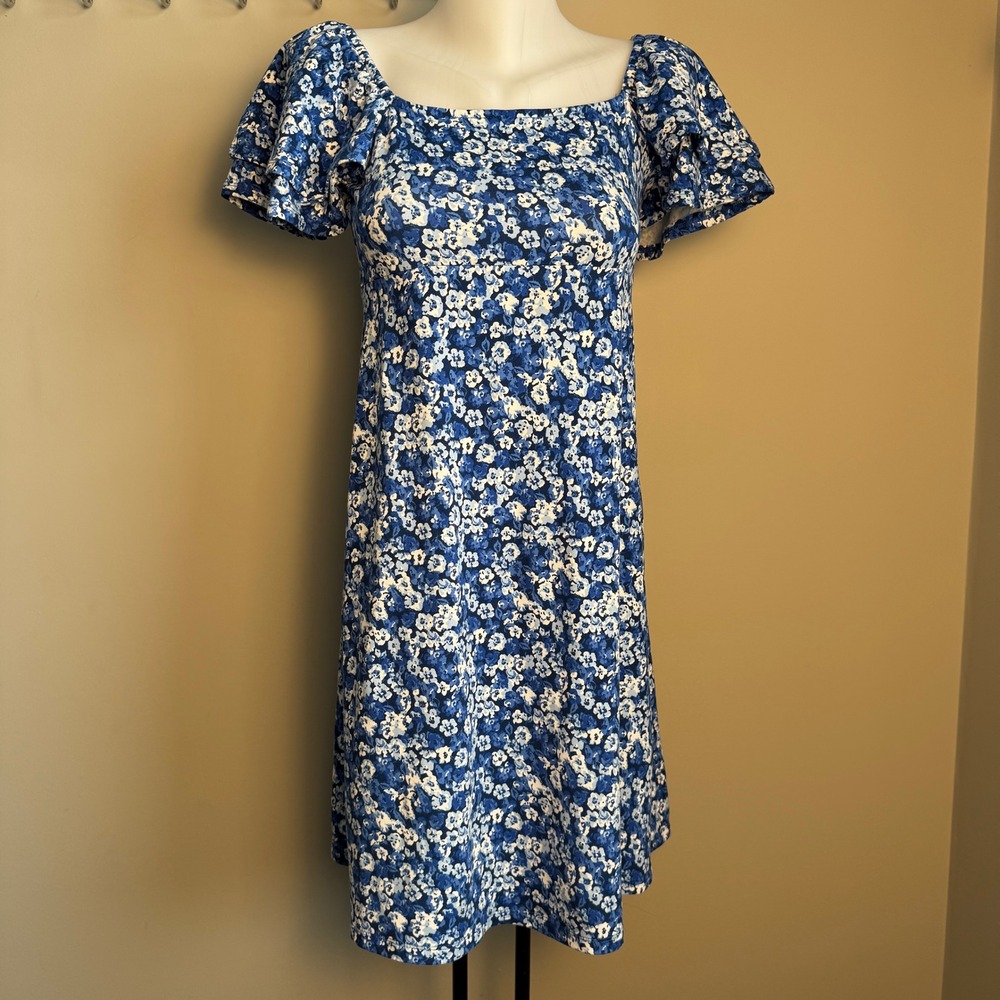 mySTYLE Blue Floral Square Neck Layered Flutter Sleeve Midi Dress Babydoll Small